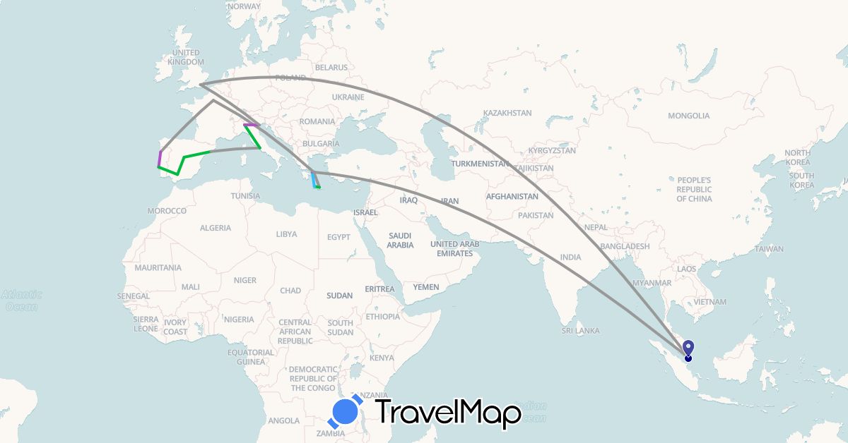 TravelMap itinerary: driving, bus, plane, train, boat in Spain, France, United Kingdom, Greece, Italy, Portugal, Singapore (Asia, Europe)